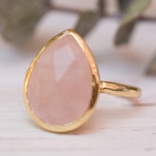 Rose quartz pear silver gold plated ring